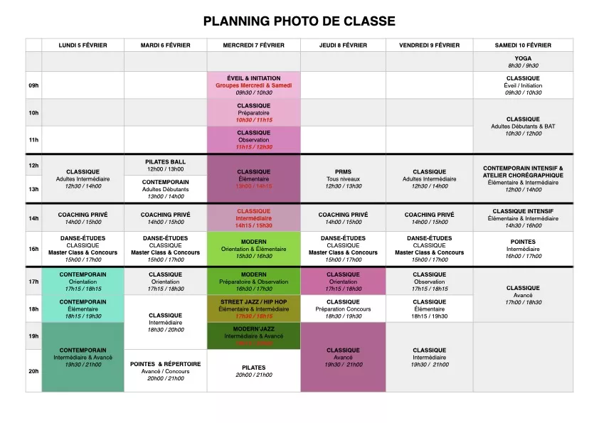 PLANNING SÉANCE PHOTOS